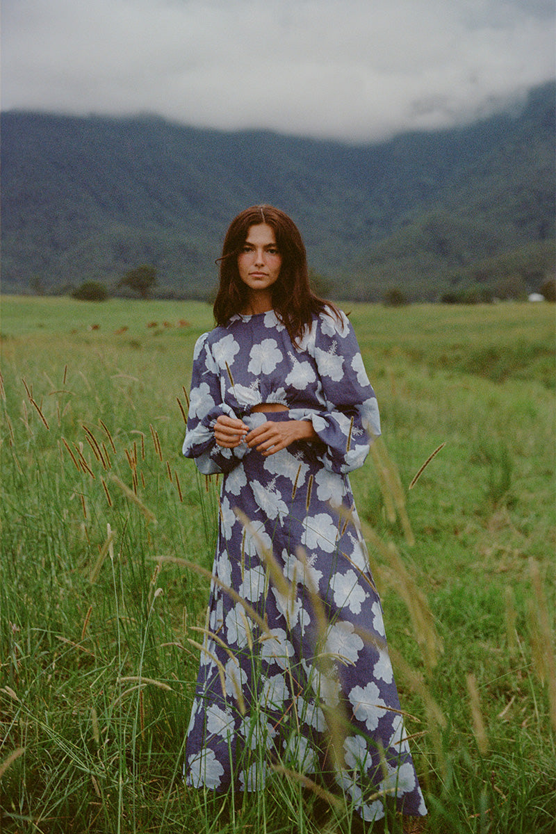 Palm Noosa Magnolia Dress Blue Hisbiscus  Linen