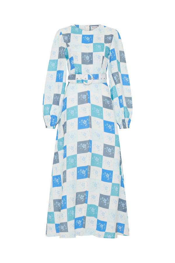 Palm Noosa Melrose Dress Blue Floral Tile Linen