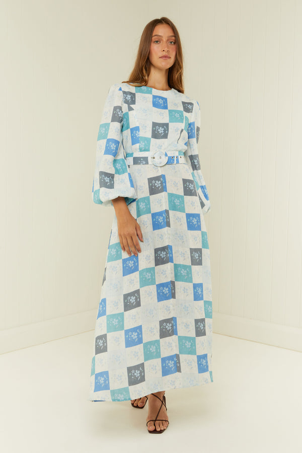 Palm Noosa Melrose Dress Blue Floral Tile Linen