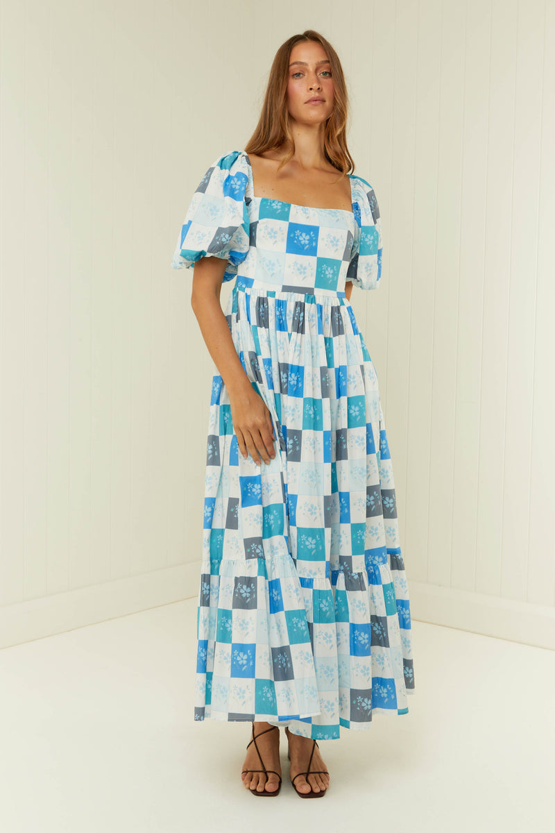 Palm Noosa Lola Maxi Dress Blue Floral Tile