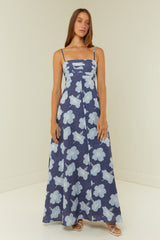 Palm Noosa Primrose Dress  Blue Hisbiscus Linen