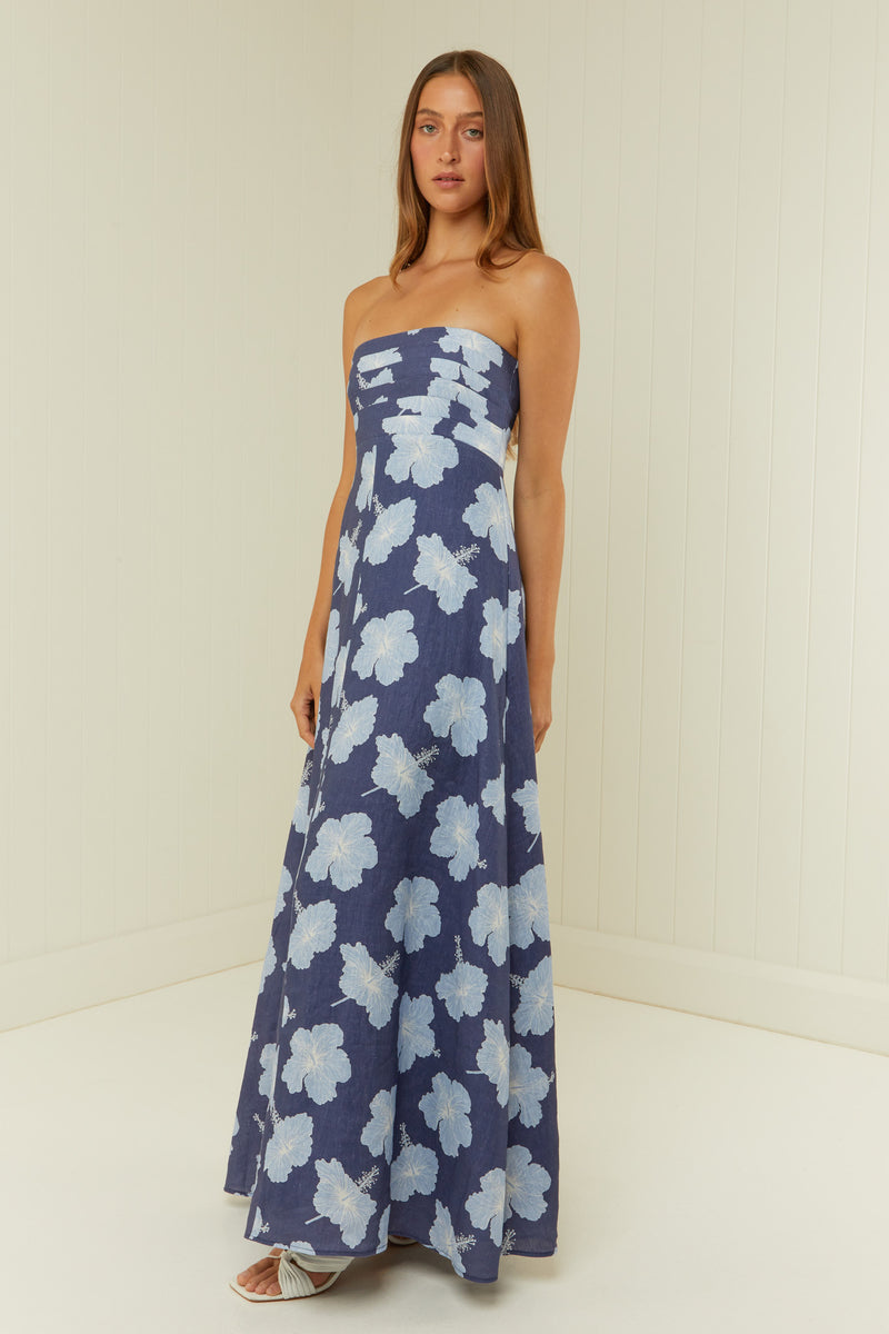 Palm Noosa Primrose Dress  Blue Hisbiscus Linen