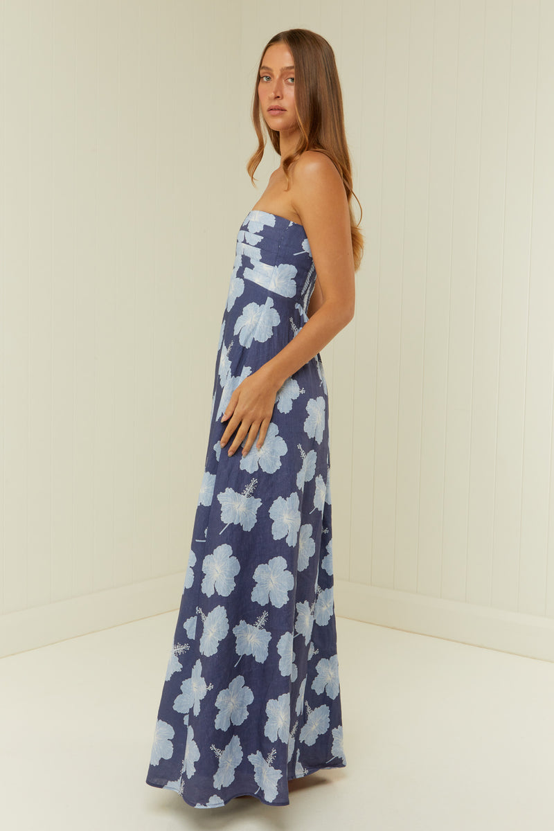 Palm Noosa Primrose Dress  Blue Hisbiscus Linen