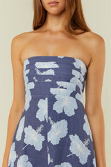 Palm Noosa Primrose Dress  Blue Hisbiscus Linen