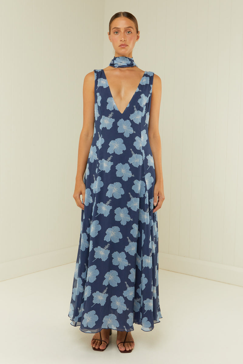 Palm Noosa Viola Dress Blue Hibiscus Viscose Georgette