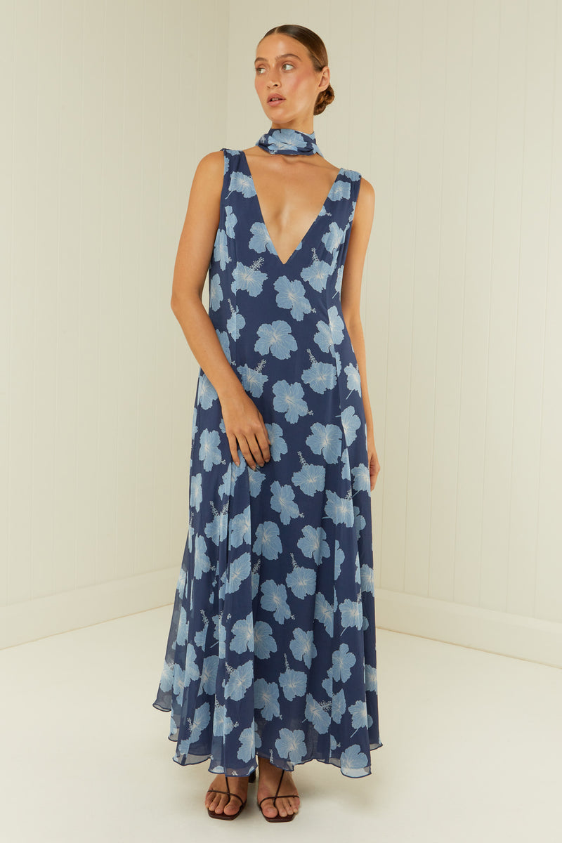 Palm Noosa Viola Dress Blue Hibiscus Viscose Georgette