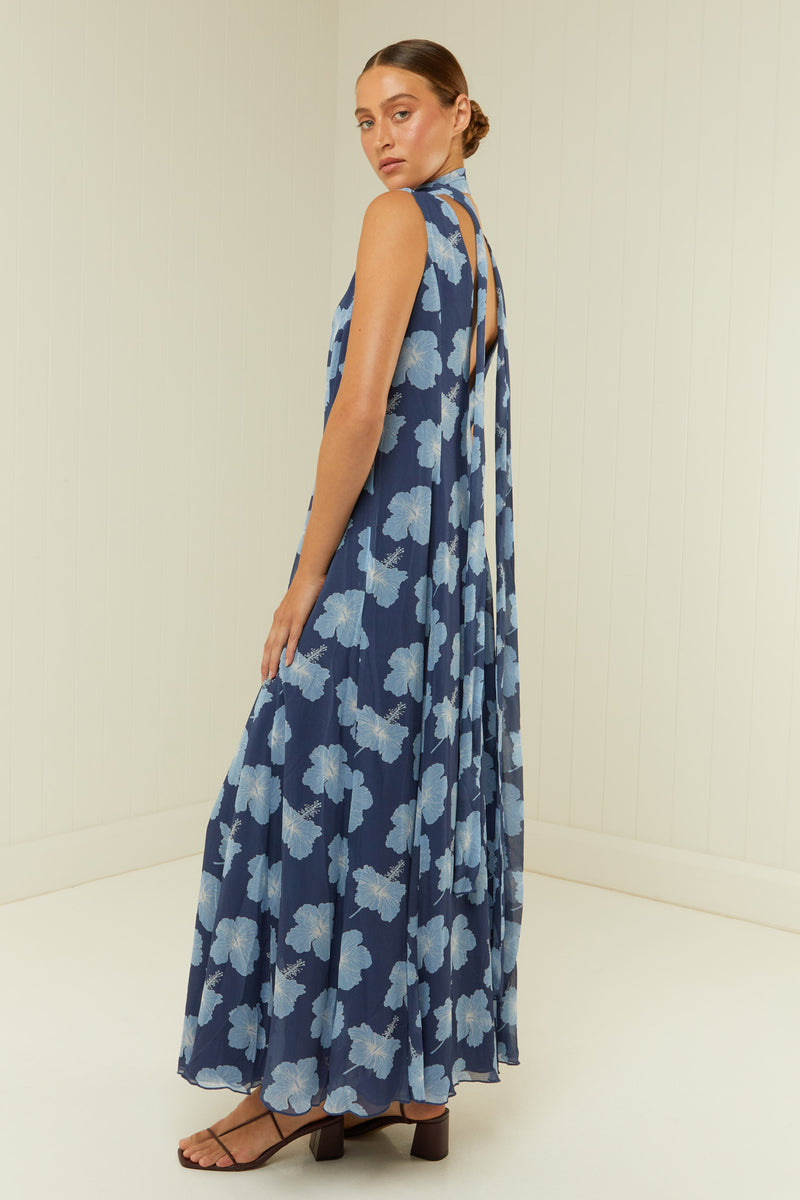 Palm Noosa Viola Dress Blue Hibiscus Viscose Georgette