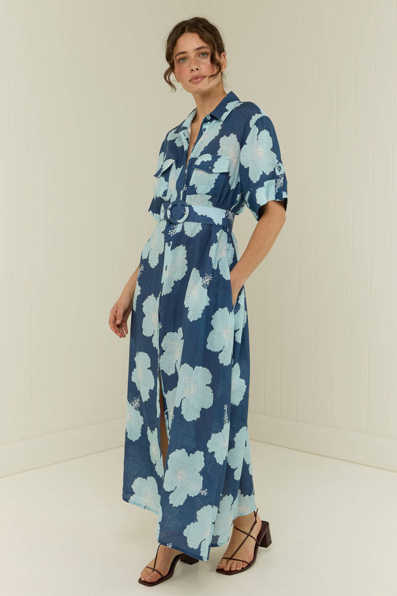 Palm Noosa Memento Dress Blue Hisbiscus Linen