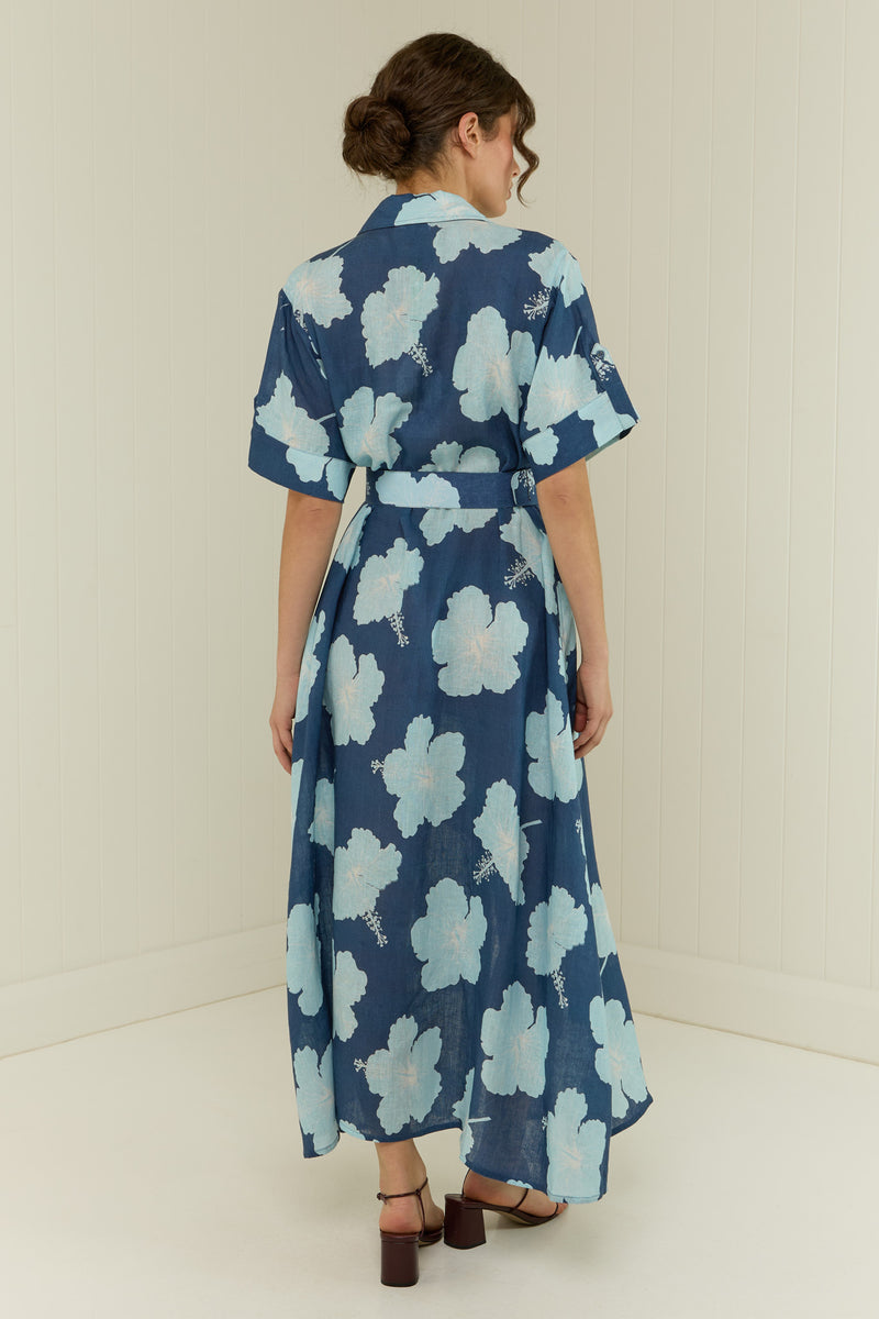 Palm Noosa Memento Dress Blue Hisbiscus Linen