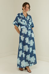 Palm Noosa Memento Dress Blue Hisbiscus Linen