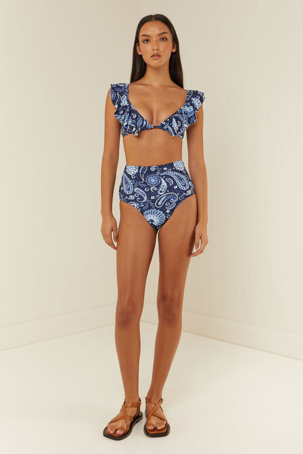 Palm Noosa V Neck Frill Bikini Top Blue Paisley 