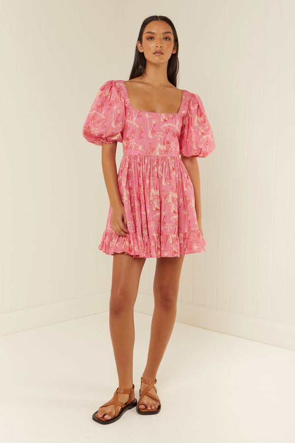 Palm Noosa Lola Dress Pink Palms Cotton Poplin