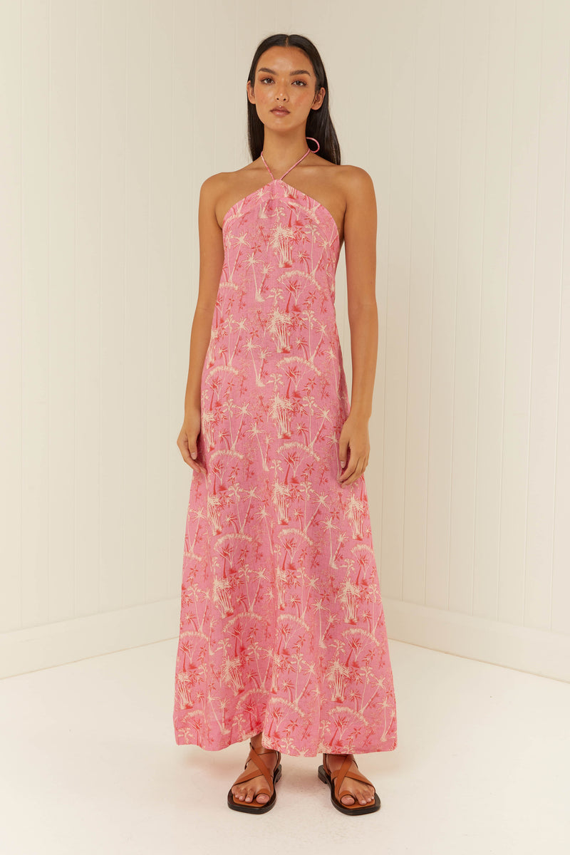 Palm Noosa Isabella Midi Dress Pink Palms Linen