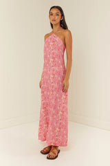 Palm Noosa Isabella Midi Dress Pink Palms Linen