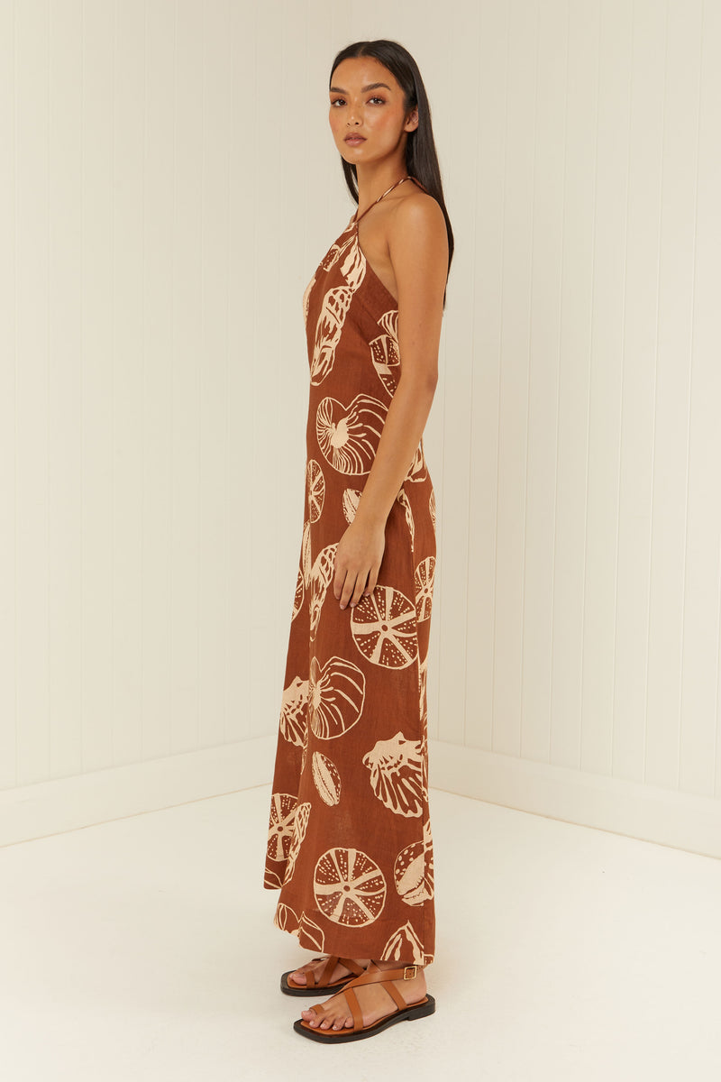 Palm Noosa Isabella Midi Dress Brown Shells Linen