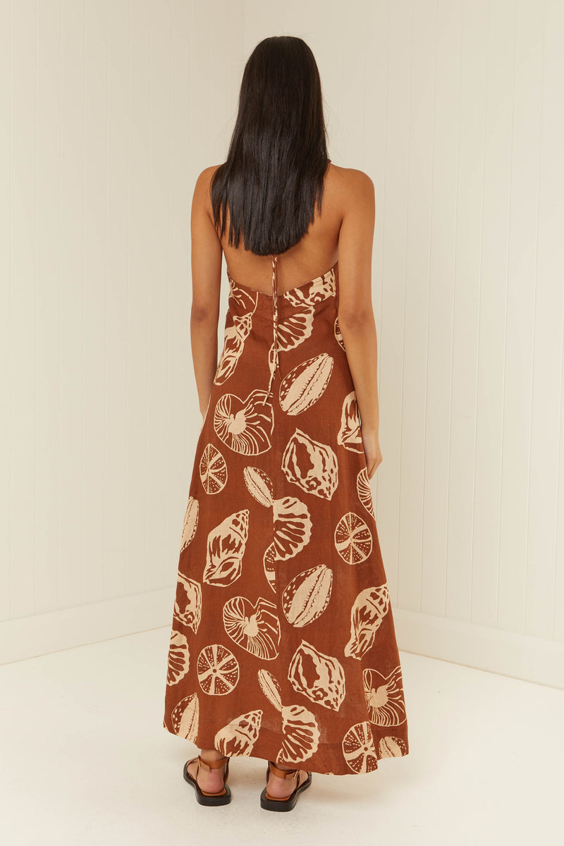 Palm Noosa Isabella Midi Dress Brown Shells Linen