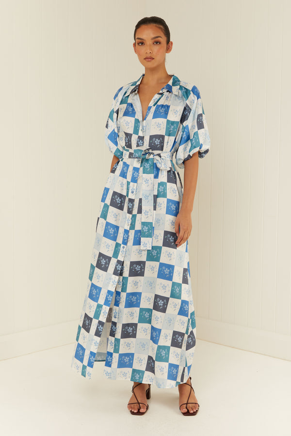 Palm Noosa Carla Dress Blue Floral Tile