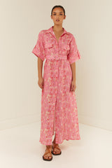 Palm Noosa Memento Dress Pink Palms Linen