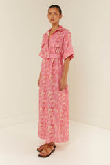 Palm Noosa Memento Dress Pink Palms Linen