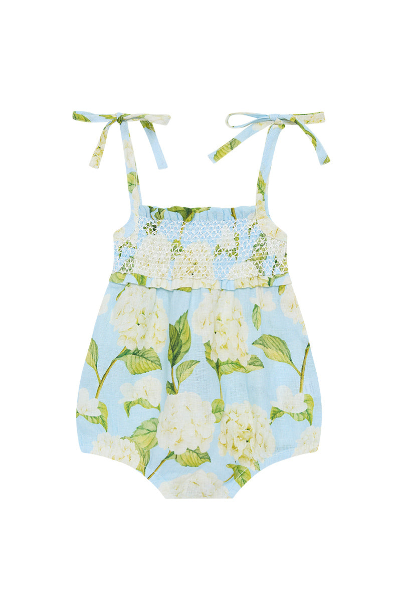 Palm Noosa Bambino Tie Up Onesie Blue Hydrangea Linen