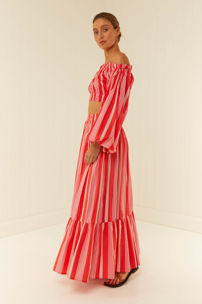 Palm Noosa Audrey Skirt Cotton Poplin Pink & Red Stripe