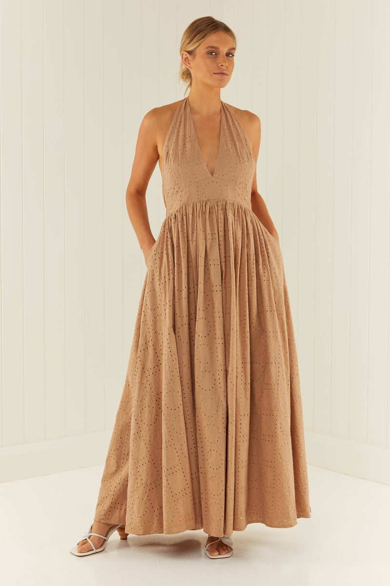 Palm Noosa Checkmate Dress Cotton Tile Anglaise Brown