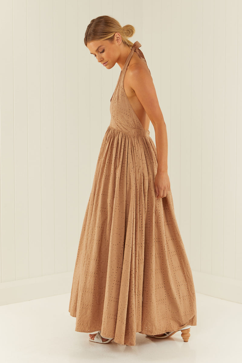 Palm Noosa Checkmate Dress Cotton Tile Anglaise Brown